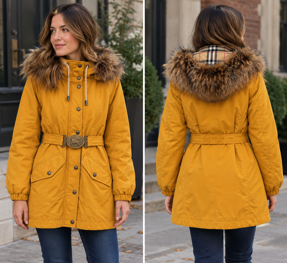 Vintage Burberrys Mustard Yellow Fur Trim Hood Belted Parka Coat Plaid Lined M